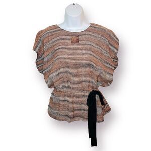 Rustic Earthy Stripe Ribbon Tie Waist Top Brown Cream M